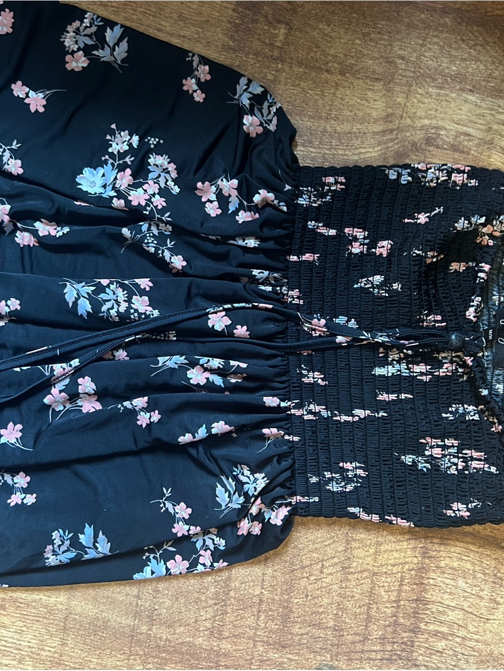 Floral Smocked Waist Black Maxi Dress with Pink & Blue Blossoms
